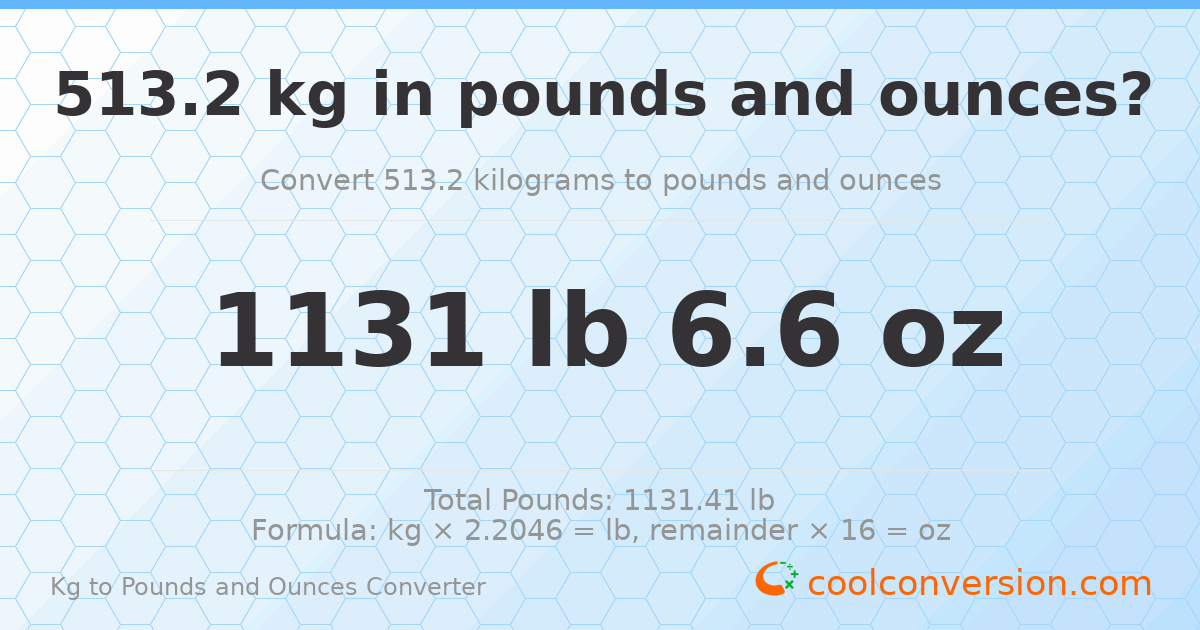 513.2 kg to lbs and oz — 513.2 kg = 1131 lb 6.6 oz