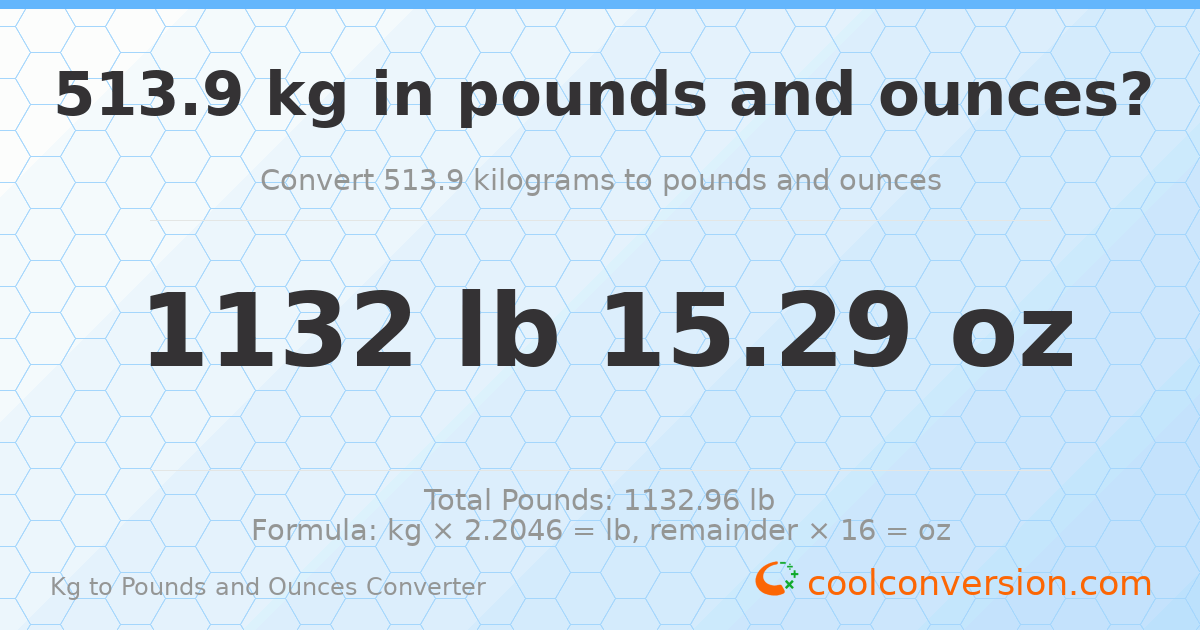 513.9 kg to lbs and oz — 513.9 kg = 1132 lb 15.29 oz