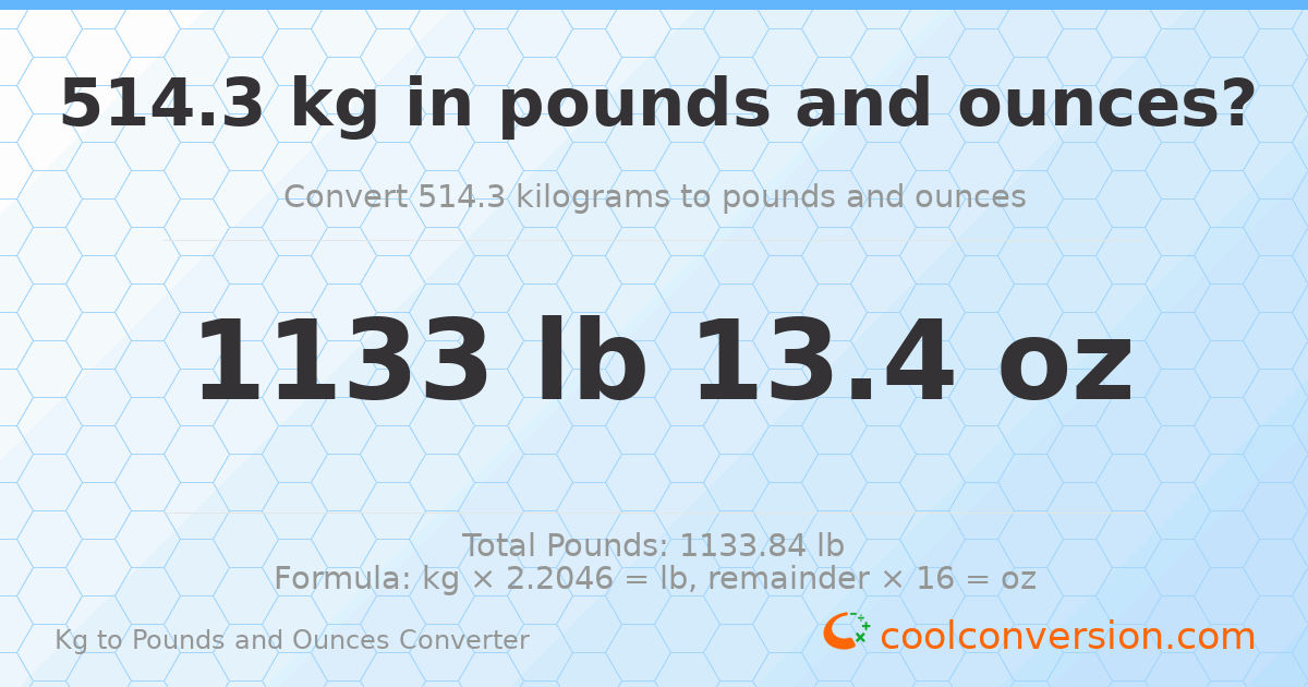 514.3 kg to lbs and oz — 514.3 kg = 1133 lb 13.4 oz