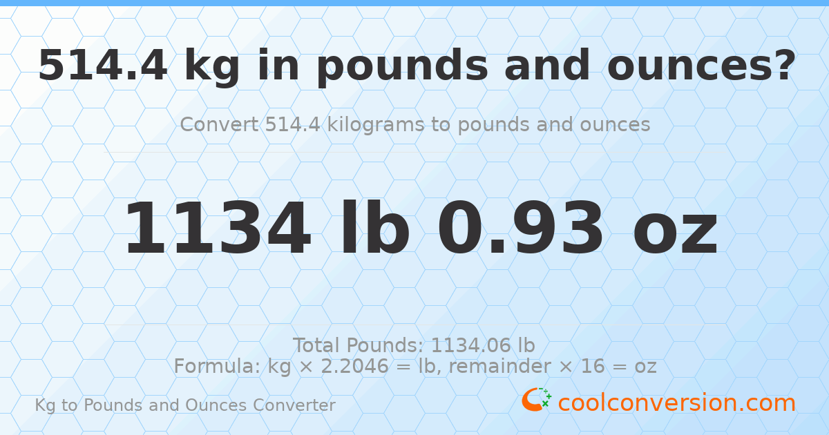 514.4 kg to lbs and oz — 514.4 kg = 1134 lb 0.93 oz