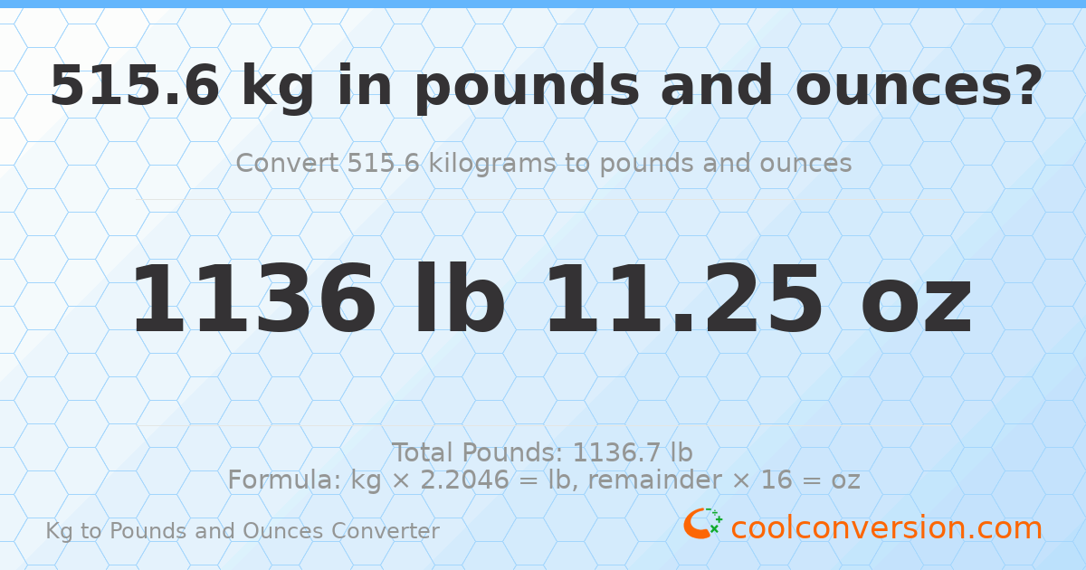 515.6 kg to lbs and oz — 515.6 kg = 1136 lb 11.25 oz