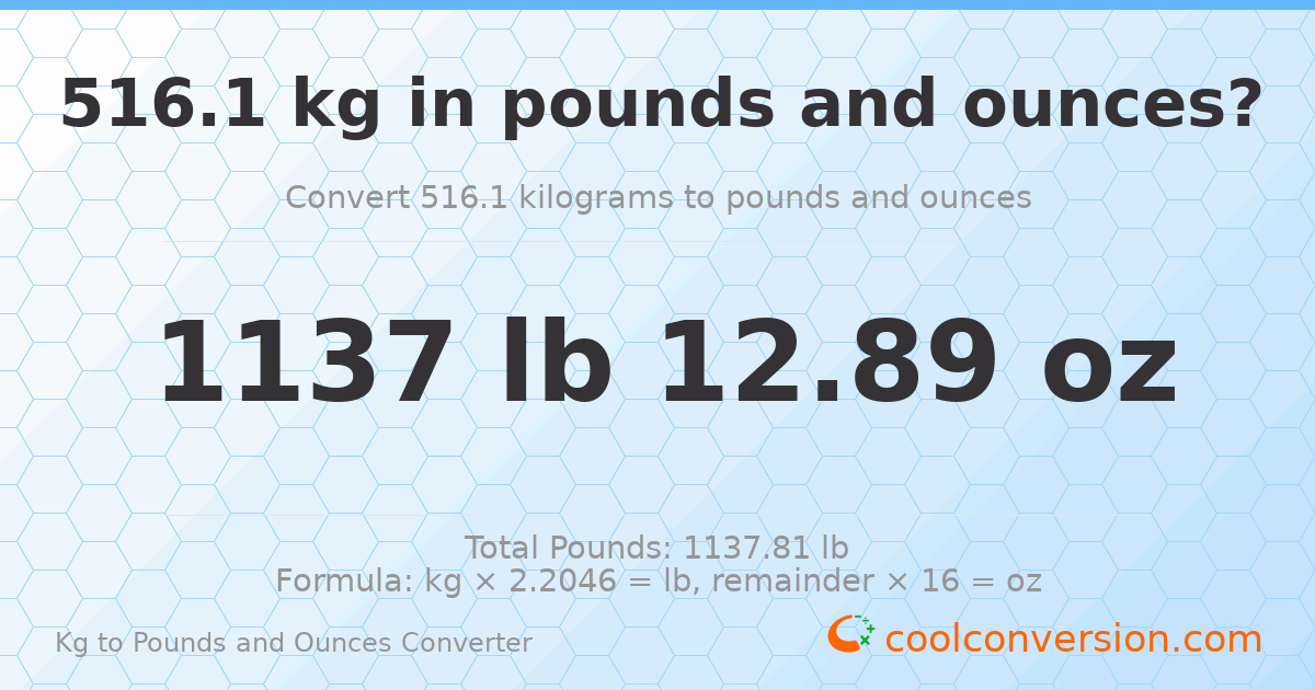 516.1 kg to lbs and oz — 516.1 kg = 1137 lb 12.89 oz