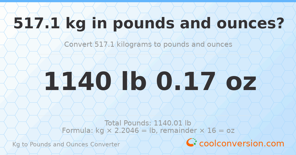 517.1 kg to lbs and oz — 517.1 kg = 1140 lb 0.17 oz