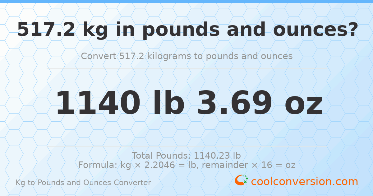 517.2 kg to lbs and oz — 517.2 kg = 1140 lb 3.69 oz