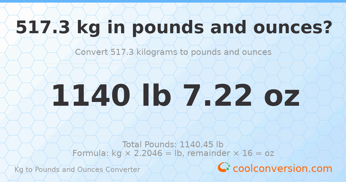 517.3 kg to lbs and oz — 517.3 kg = 1140 lb 7.22 oz