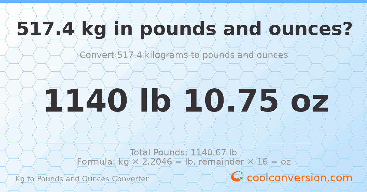 517.4 kg to lbs and oz — 517.4 kg = 1140 lb 10.75 oz