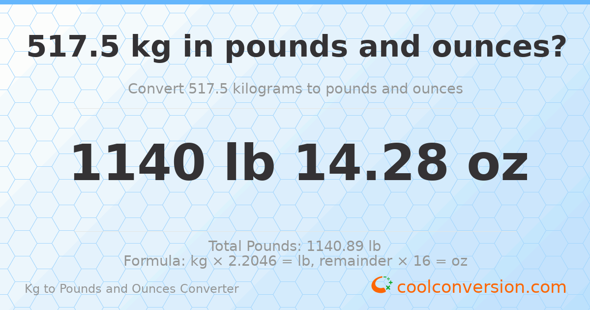 517.5 kg to lbs and oz — 517.5 kg = 1140 lb 14.28 oz
