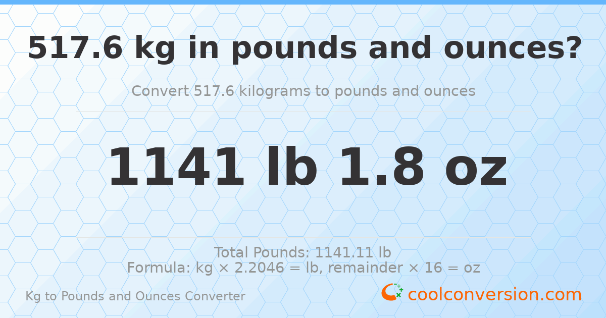 517.6 kg to lbs and oz — 517.6 kg = 1141 lb 1.8 oz