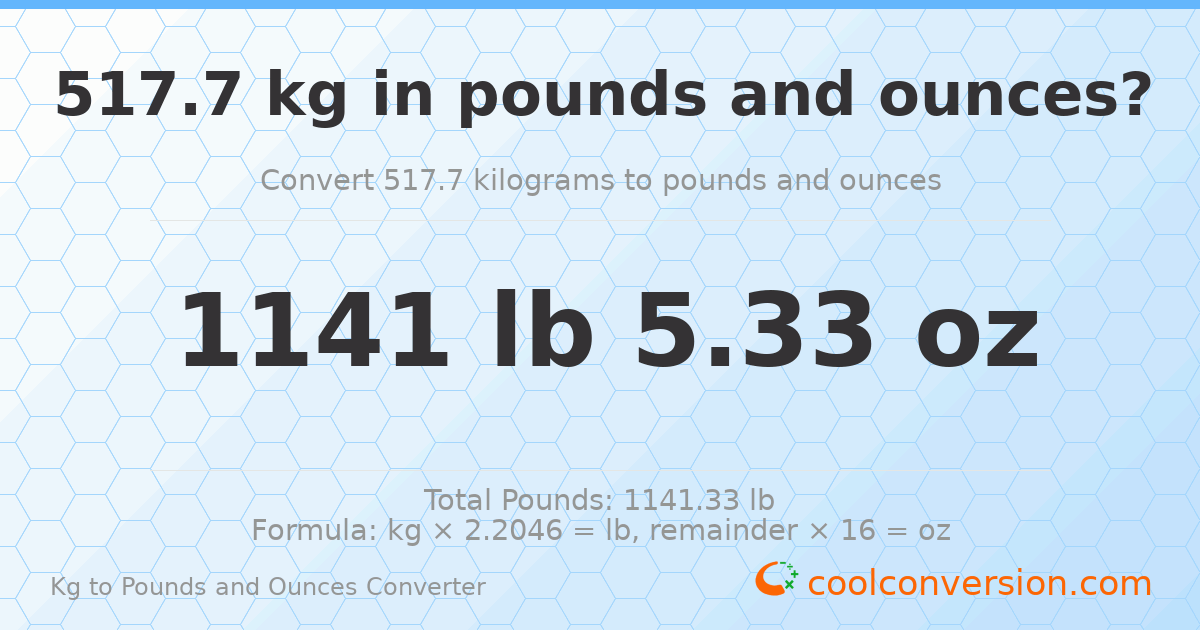 517.7 kg to lbs and oz — 517.7 kg = 1141 lb 5.33 oz
