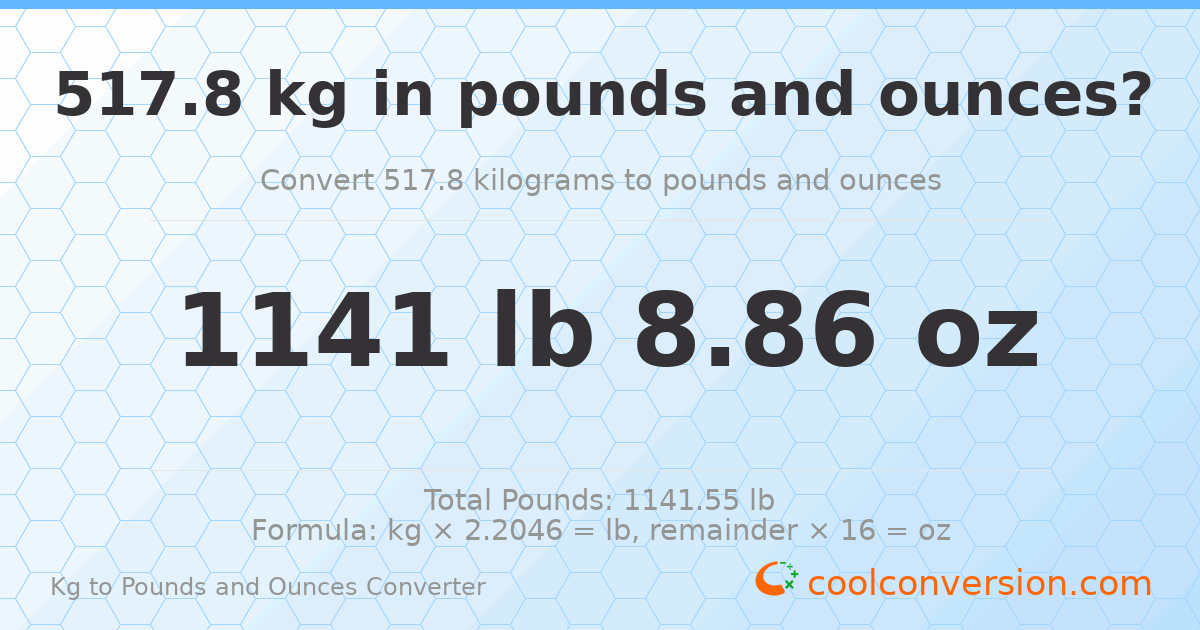 517.8 kg to lbs and oz — 517.8 kg = 1141 lb 8.86 oz