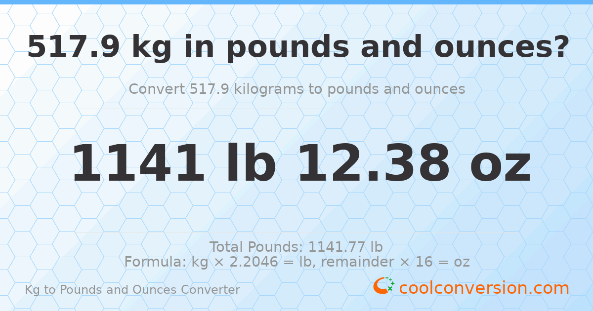 517.9 kg to lbs and oz — 517.9 kg = 1141 lb 12.38 oz