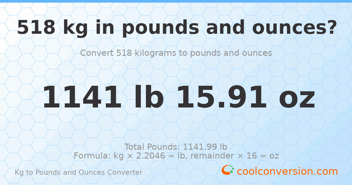 518 kg to lbs and oz — 518 kg = 1141 lb 15.91 oz