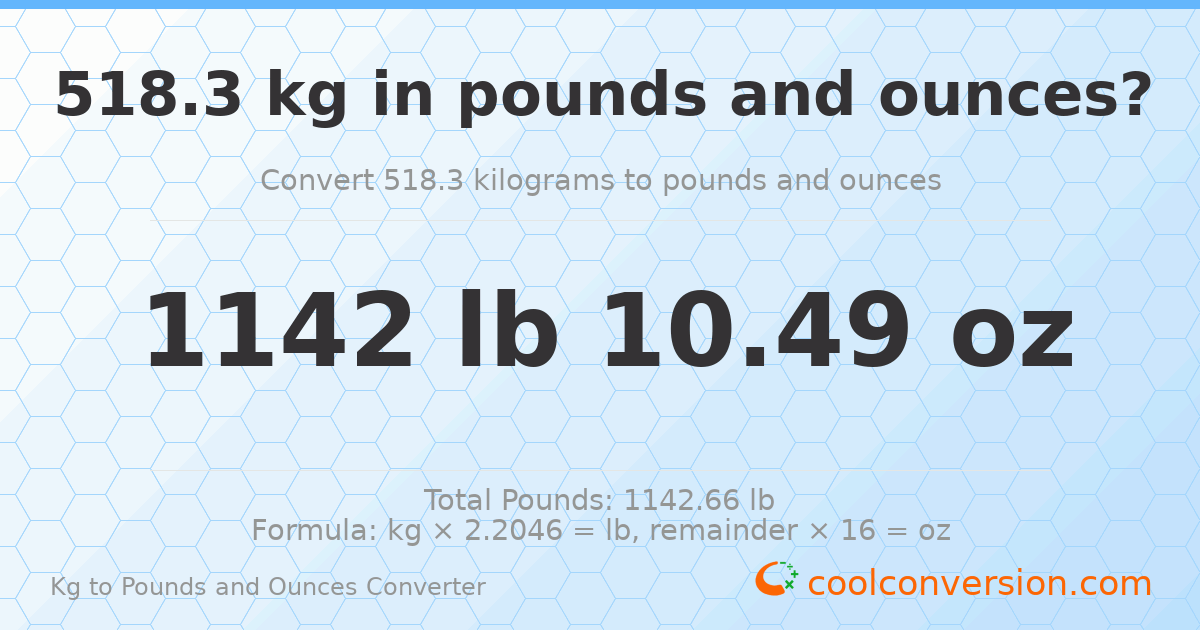 518.3 kg to lbs and oz — 518.3 kg = 1142 lb 10.49 oz