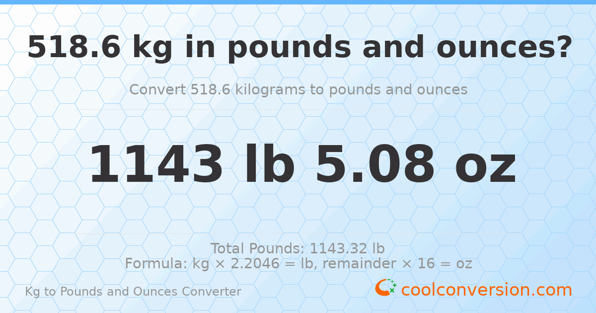 518.6 kg to lbs and oz — 518.6 kg = 1143 lb 5.08 oz