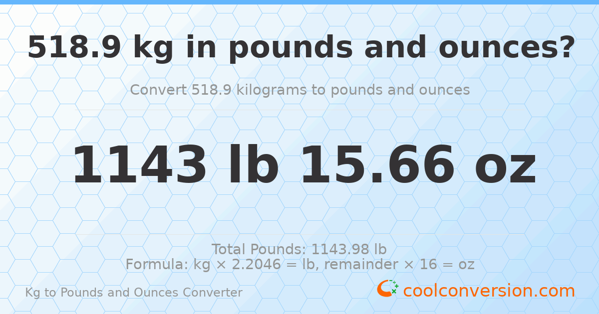518.9 kg to lbs and oz — 518.9 kg = 1143 lb 15.66 oz