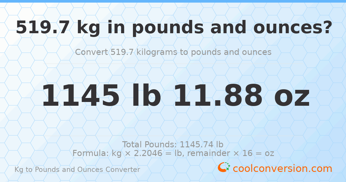 519.7 kg to lbs and oz — 519.7 kg = 1145 lb 11.88 oz