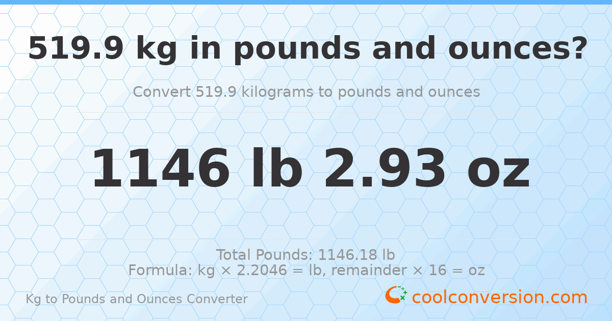 519.9 kg to lbs and oz — 519.9 kg = 1146 lb 2.93 oz