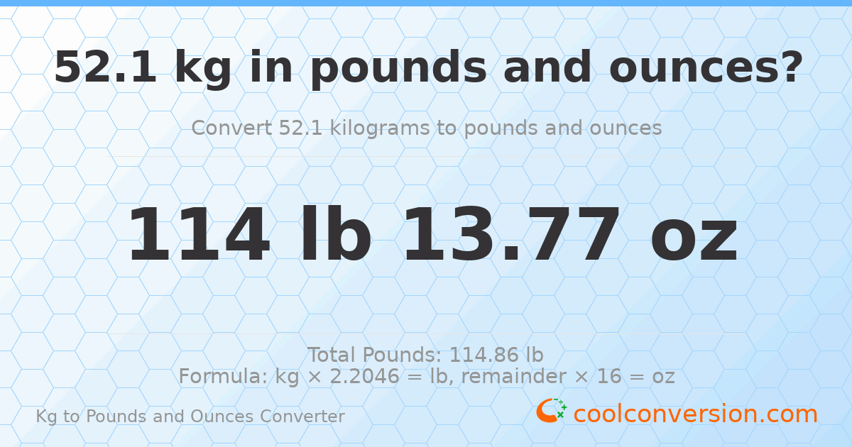 52.1 kg to lbs and oz — 52.1 kg = 114 lb 13.77 oz