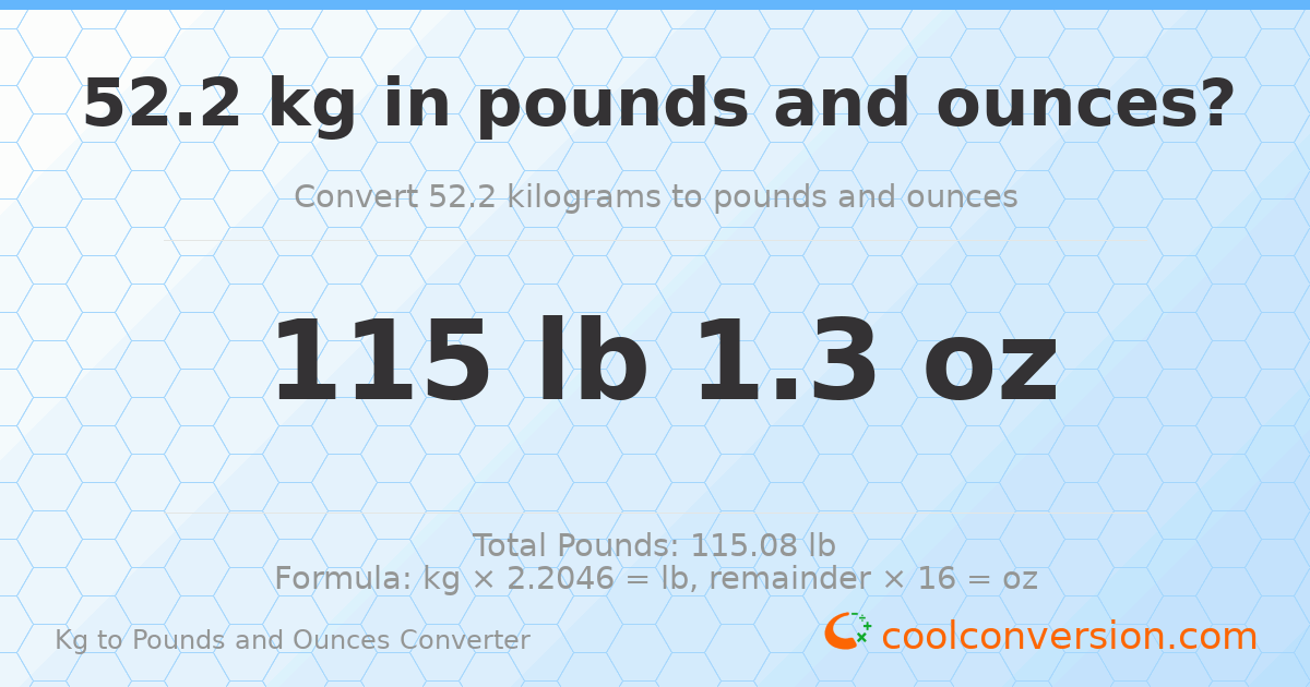 52.2 kg to lbs and oz — 52.2 kg = 115 lb 1.3 oz