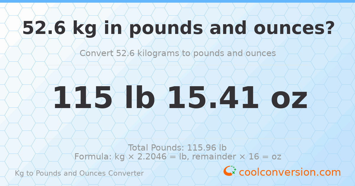 52.6 kg to lbs and oz — 52.6 kg = 115 lb 15.41 oz