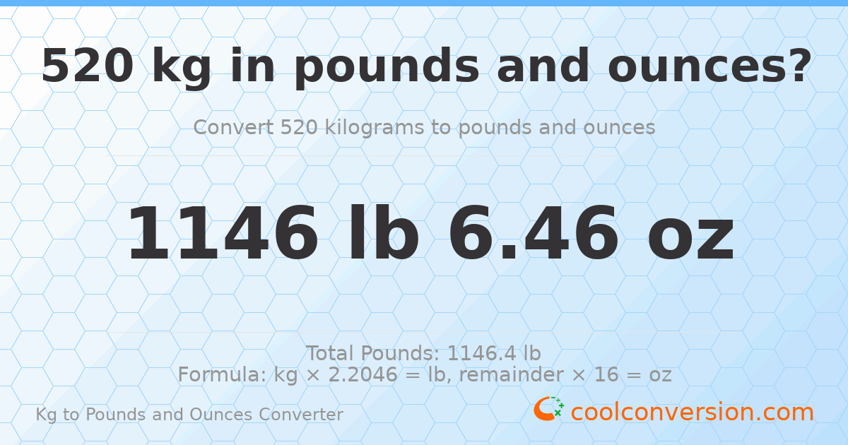 520 kg to lbs and oz — 520 kg = 1146 lb 6.46 oz