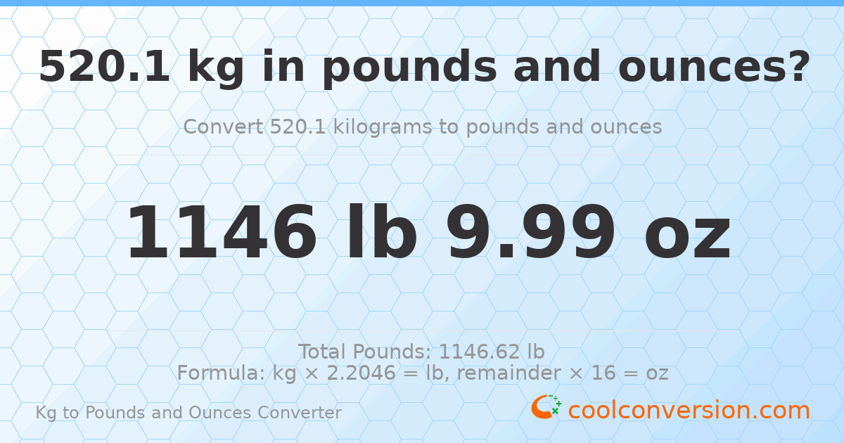 520.1 kg to lbs and oz — 520.1 kg = 1146 lb 9.99 oz