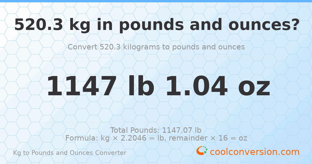 520.3 kg to lbs and oz — 520.3 kg = 1147 lb 1.04 oz