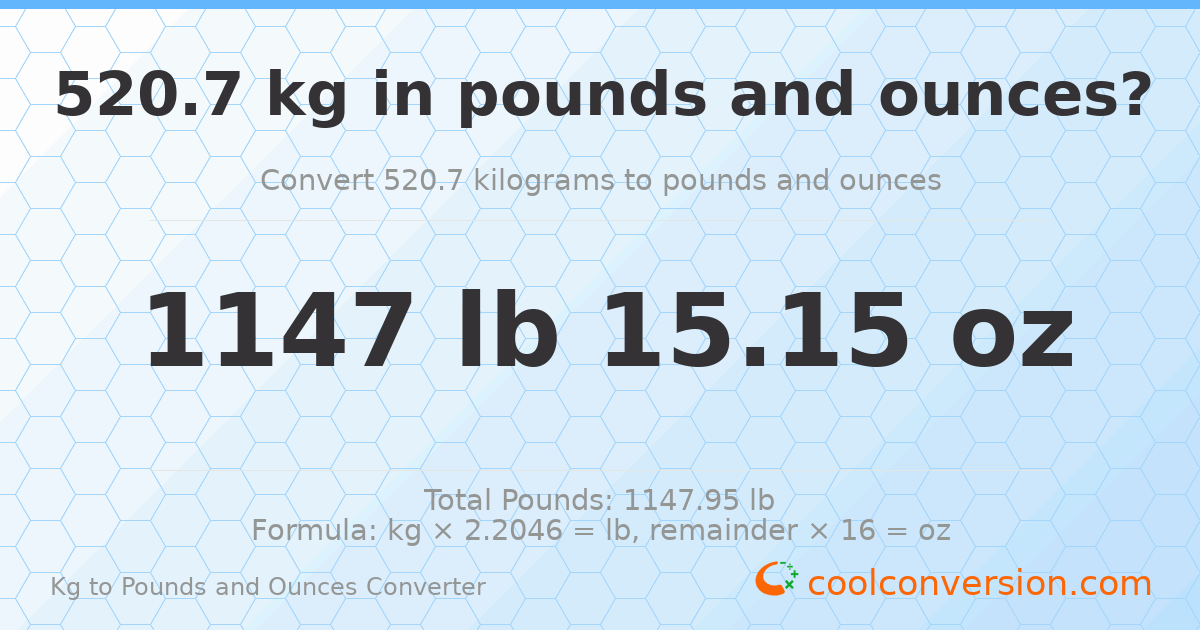 520.7 kg to lbs and oz — 520.7 kg = 1147 lb 15.15 oz
