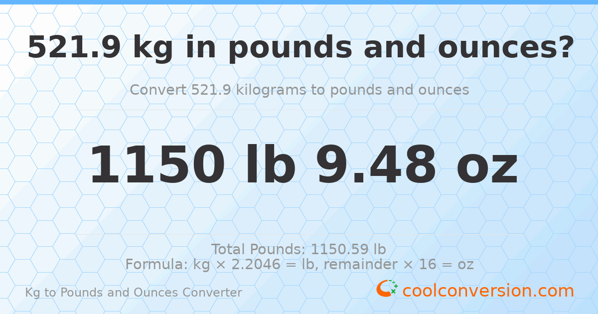 521.9 kg to lbs and oz — 521.9 kg = 1150 lb 9.48 oz