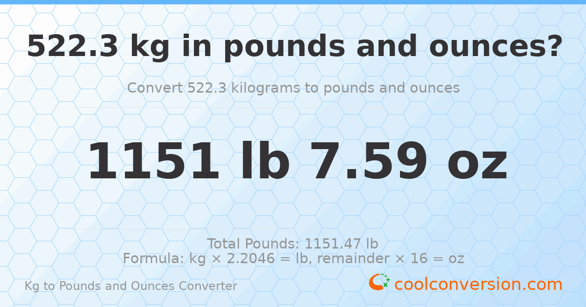 522.3 kg to lbs and oz — 522.3 kg = 1151 lb 7.59 oz