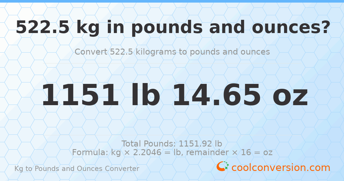 522.5 kg to lbs and oz — 522.5 kg = 1151 lb 14.65 oz