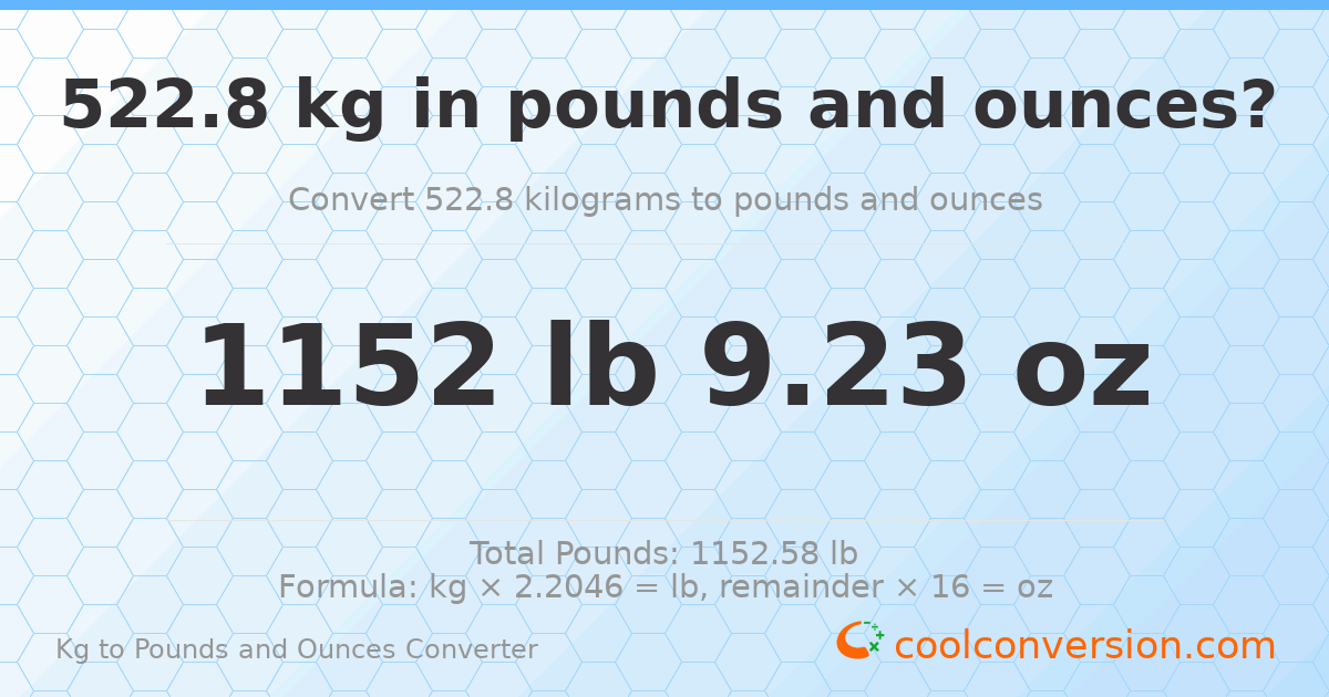 522.8 kg to lbs and oz — 522.8 kg = 1152 lb 9.23 oz