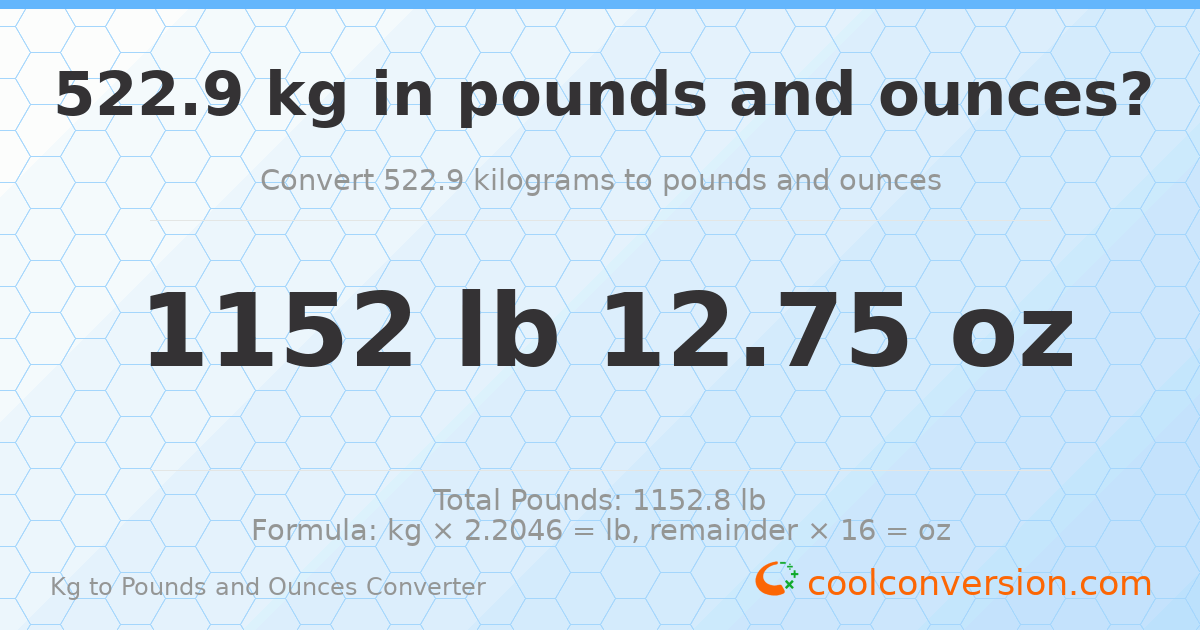 522.9 kg to lbs and oz — 522.9 kg = 1152 lb 12.75 oz