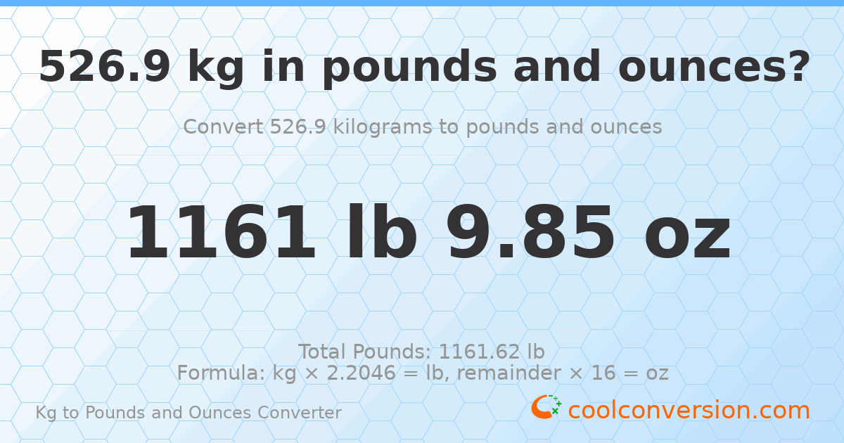 526.9 kg to lbs and oz — 526.9 kg = 1161 lb 9.85 oz