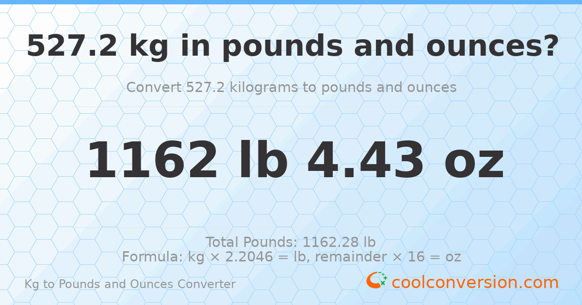 527.2 kg to lbs and oz — 527.2 kg = 1162 lb 4.43 oz