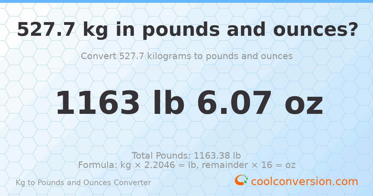 527.7 kg to lbs and oz — 527.7 kg = 1163 lb 6.07 oz