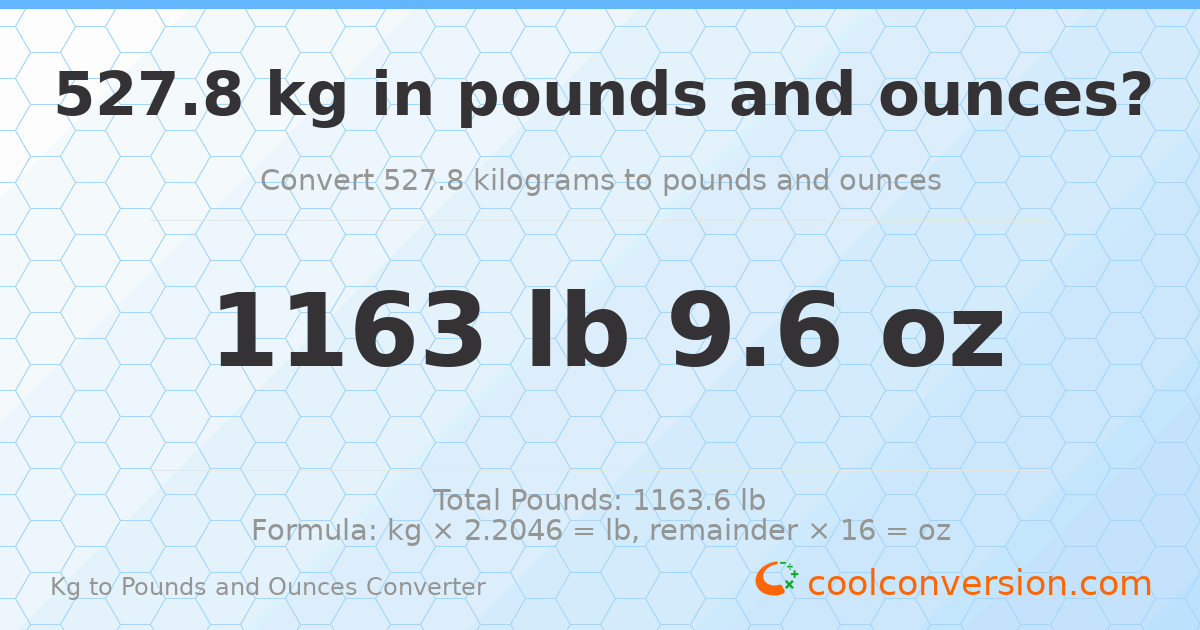 527.8 kg to lbs and oz — 527.8 kg = 1163 lb 9.6 oz
