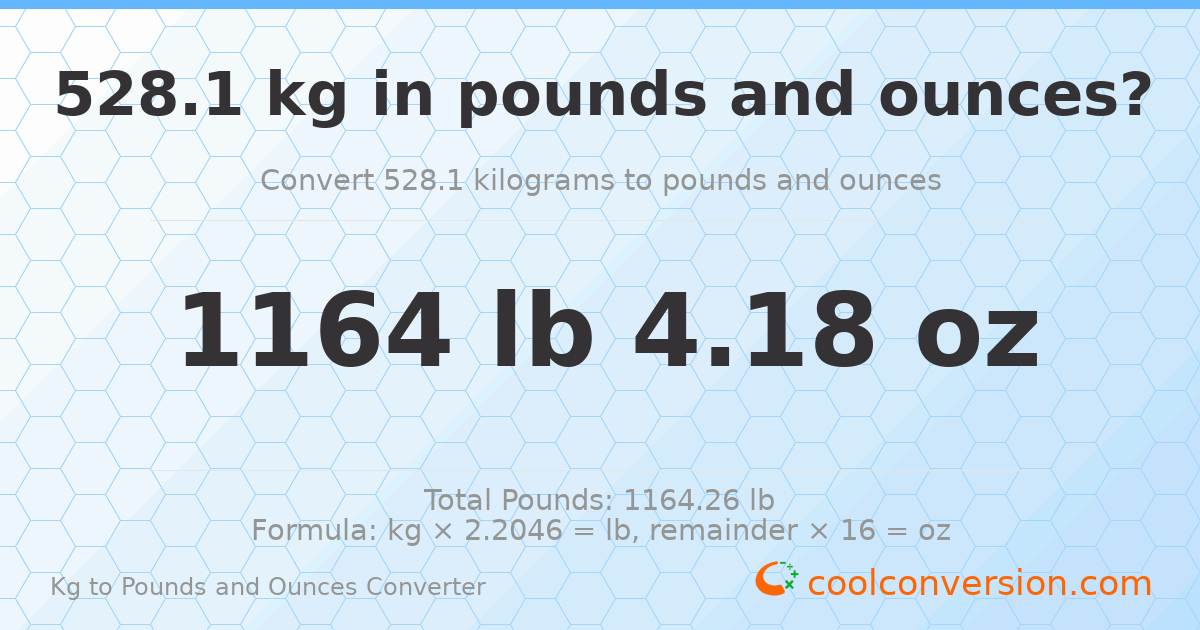 528.1 kg to lbs and oz — 528.1 kg = 1164 lb 4.18 oz