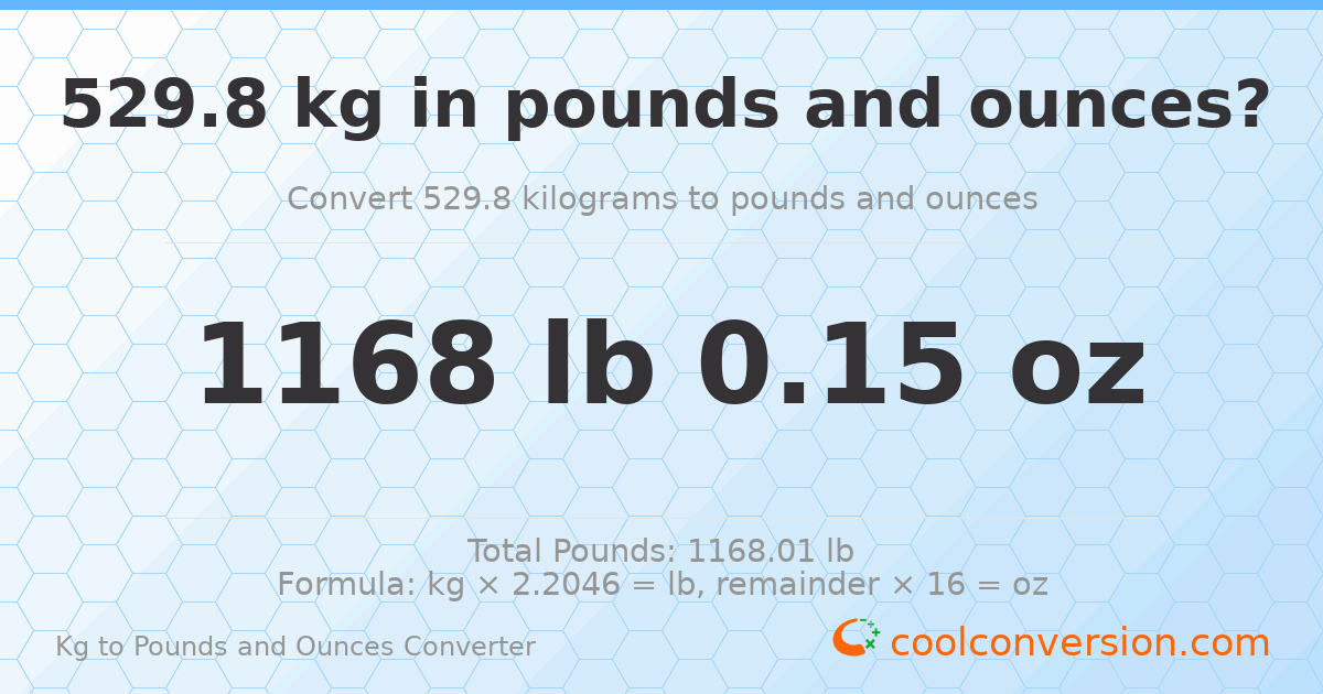 529.8 kg to lbs and oz — 529.8 kg = 1168 lb 0.15 oz
