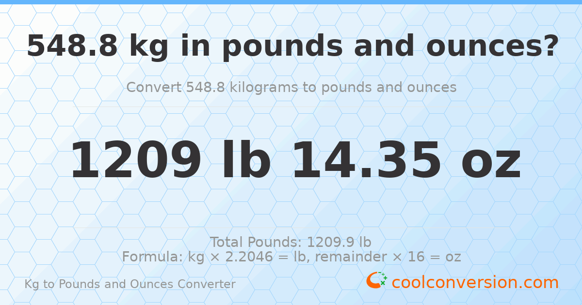 548.8 kg to lbs and oz — 548.8 kg = 1209 lb 14.35 oz
