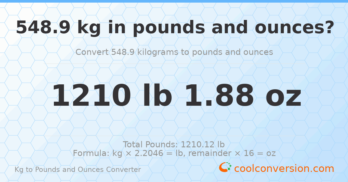 548.9 kg to lbs and oz — 548.9 kg = 1210 lb 1.88 oz