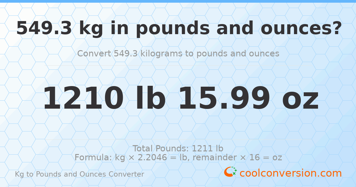 549.3 kg to lbs and oz — 549.3 kg = 1210 lb 15.99 oz