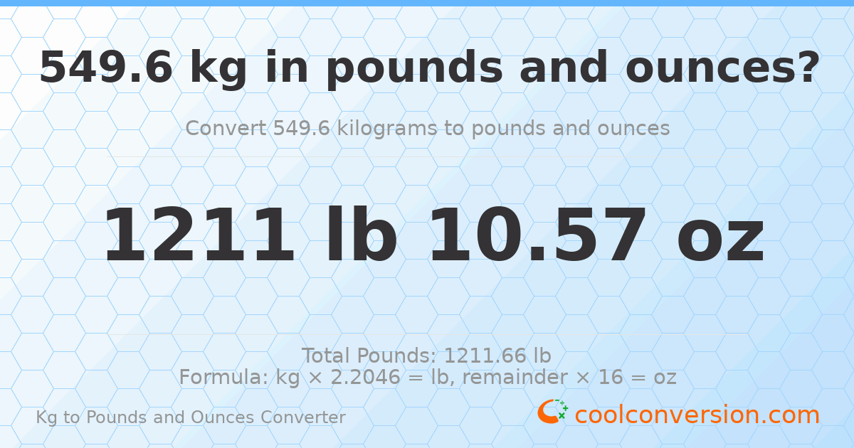 549.6 kg to lbs and oz — 549.6 kg = 1211 lb 10.57 oz