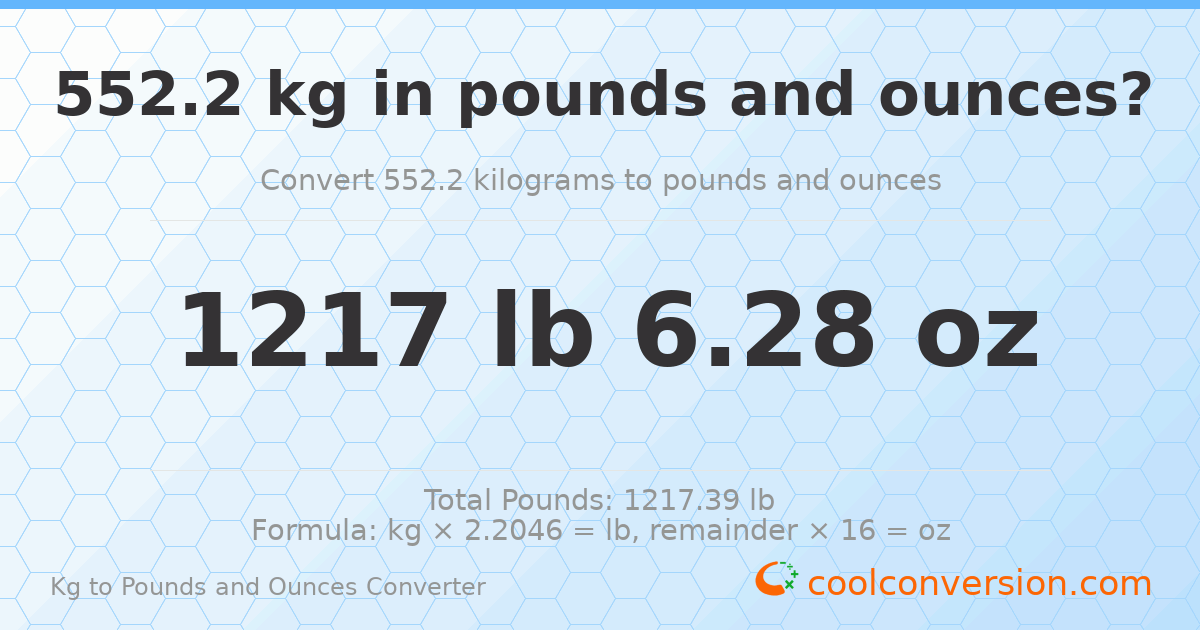 552.2 kg to lbs and oz — 552.2 kg = 1217 lb 6.28 oz