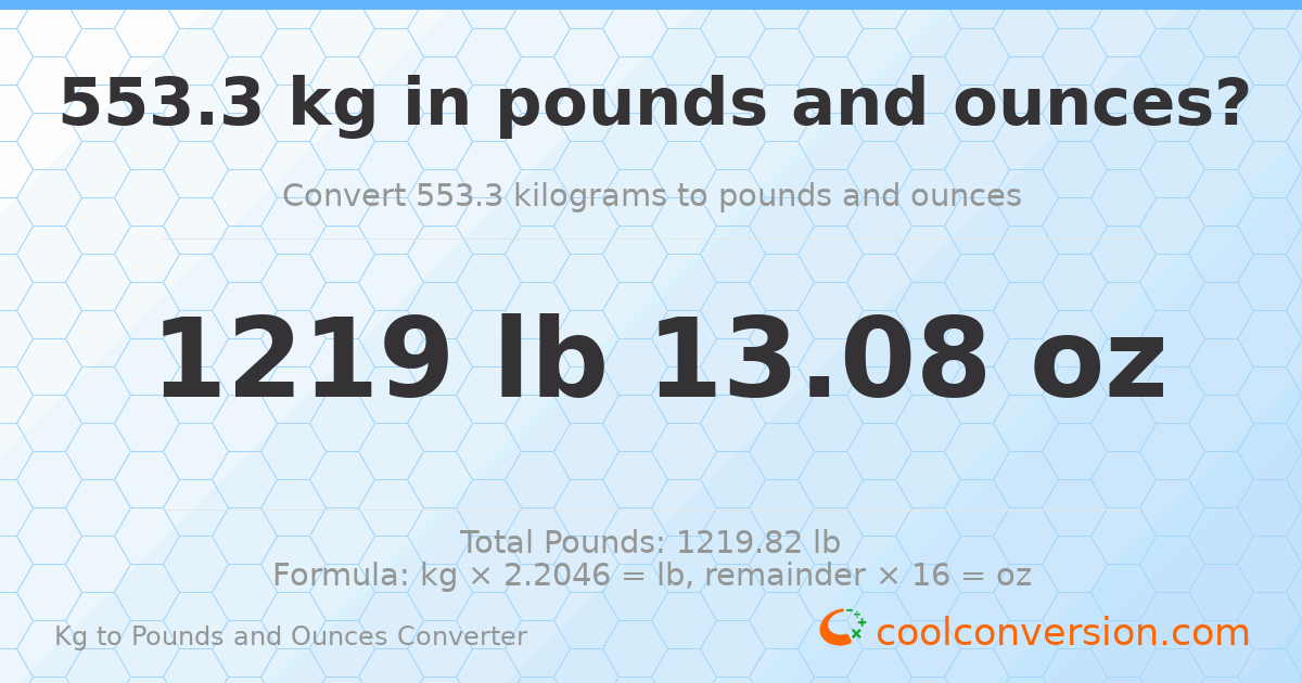 553.3 kg to lbs and oz — 553.3 kg = 1219 lb 13.08 oz