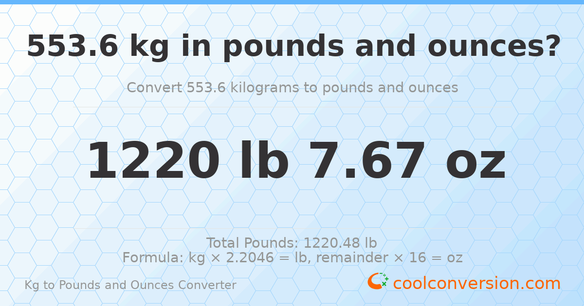 553.6 kg to lbs and oz — 553.6 kg = 1220 lb 7.67 oz
