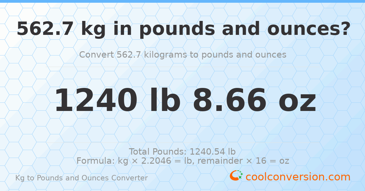 562.7 kg to lbs and oz — 562.7 kg = 1240 lb 8.66 oz