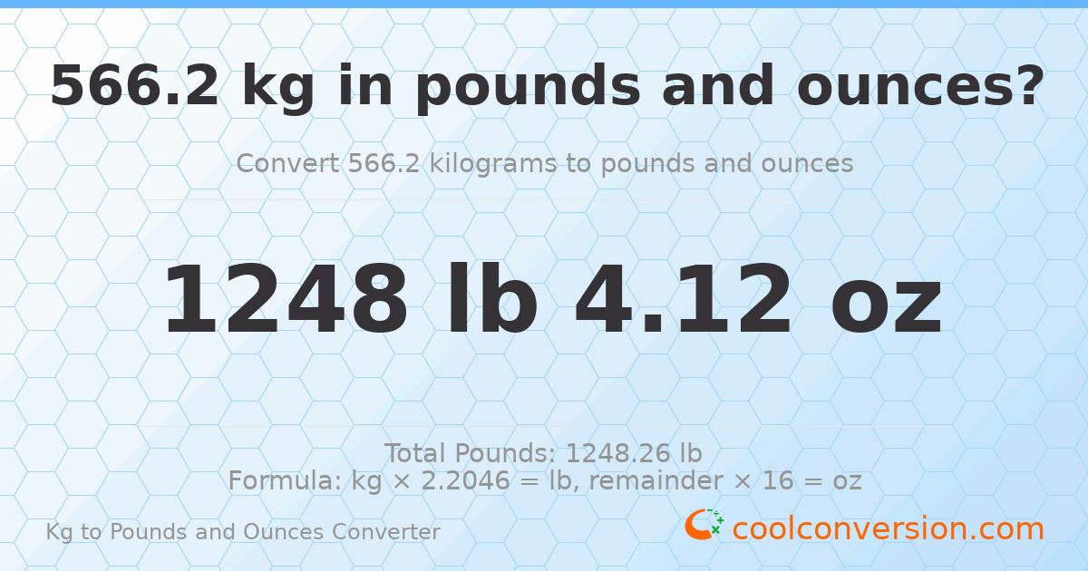 566.2 kg to lbs and oz — 566.2 kg = 1248 lb 4.12 oz