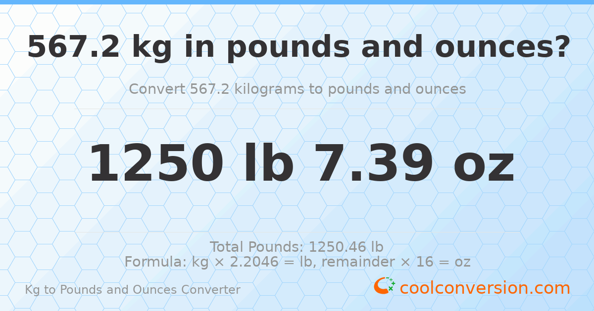 567.2 kg to lbs and oz — 567.2 kg = 1250 lb 7.39 oz