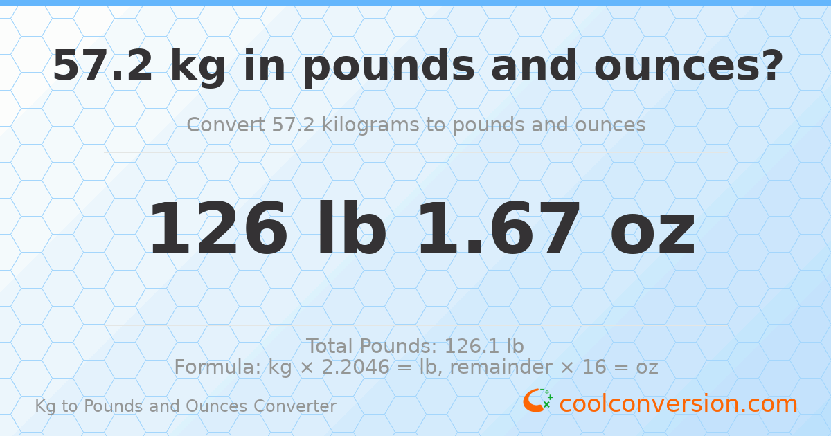 57.2 kg to lbs and oz — 57.2 kg = 126 lb 1.67 oz